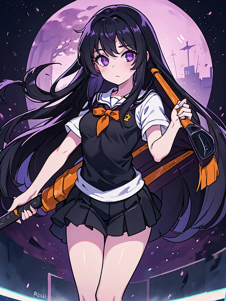 A 14 year old girl, Named: Robin, with long black hair, purple eyes, and white skin tone, has an emo personality, likes dark things and horror things, Wearing an orange cheer uniform, Standing on a school football field.