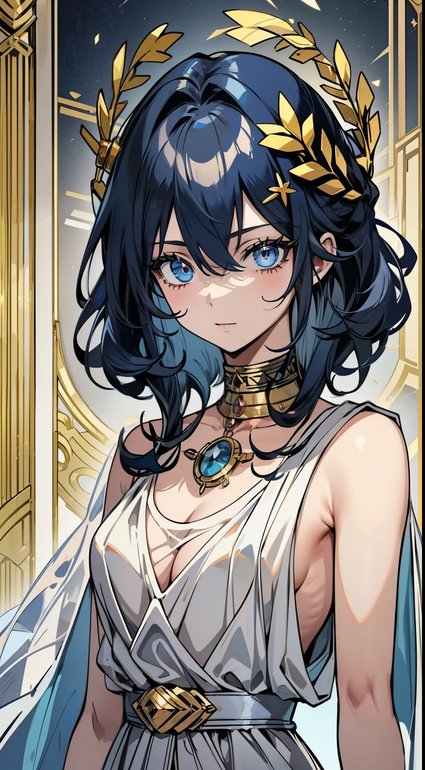 (high qualiy, Breathtaking),(expressive eyes, face perfect) 1 girl, Female, standing alone, grown-up, dark blue hair, white highlights in hair, skin tanned, clear light blue eyes, medium hair length, spiky and fluffy hair, wavy curly hair, black dress with gold details, Tunic, Greek goddess, ancient greek dress, greek clothing, symmetrical eyes, portraite, halfbody, positive expression, fundo cinza, chic, mellow, comely, soft smiling, hair between the eyes, SunsetHuman, collared
