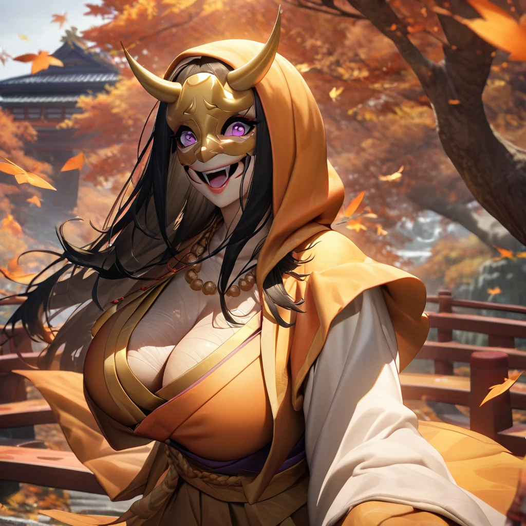 A woman wearing an orange monk uniform with long sleeves, a long dress,Japanese style necklace around the neck, on a Japanese aesthetic bridge, autumn trees, orange leaves,white hood in hair, big breasts,several orange leaves falling, orange aura, orange energy, very detailed, perfect eyes, perfect smile, perfect lips, black hair, straight hair, smiling, purple eyes,crazy woman expression,wearing a golden yokai mask, mask covering the entire face, place of day, on a high point of the mountain, standing upright., UHD , prime work , accurate , anatomically correct , textured skin , super details , high quality , best quality, 8k, high resolution, bokeh effect. (woman solo), close view
