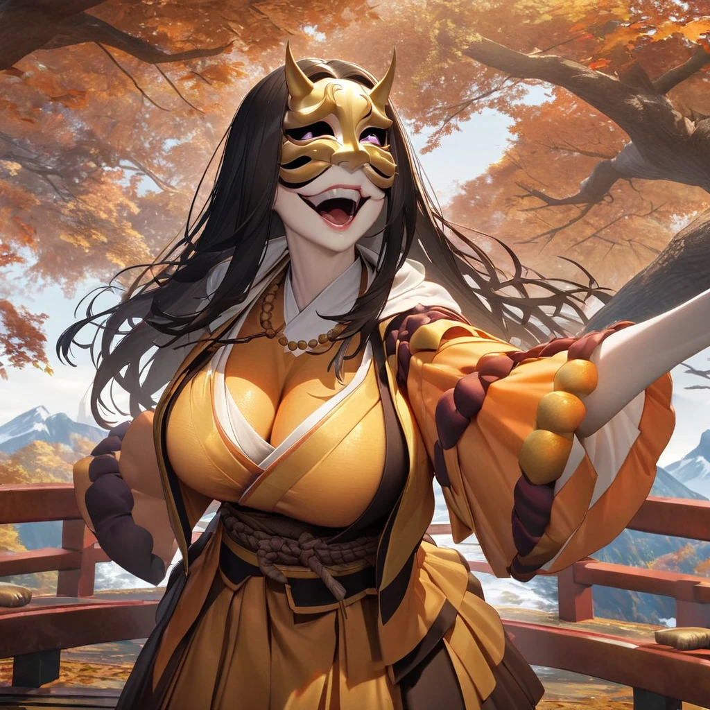 A woman wearing an orange monk uniform with long sleeves, a long dress,Japanese style necklace around the neck, on a Japanese aesthetic bridge, autumn trees, orange leaves,white hood in hair, big breasts,several orange leaves falling, orange aura, orange energy, very detailed, perfect eyes, perfect smile, perfect lips, black hair, straight hair, smiling, purple eyes,crazy woman expression,wearing a golden yokai mask, mask covering the entire face, place of day, on a high point of the mountain, standing upright., UHD , prime work , accurate , anatomically correct , textured skin , super details , high quality , best quality, 8k, high resolution, bokeh effect. (woman solo), close view
