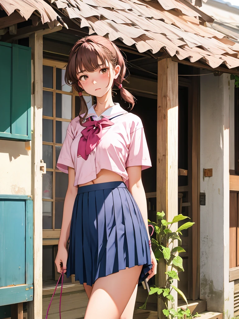 An old folk house. verandas. ((sideways))
(She pulls up her skirt and uses a fan to send wind to her pubic area.)
high school girl. uniforms. No bra
Cute pink panties for the lower body.
Brown hair. Hairstyle tied together with a string.
I'm sweaty. Slender and big .