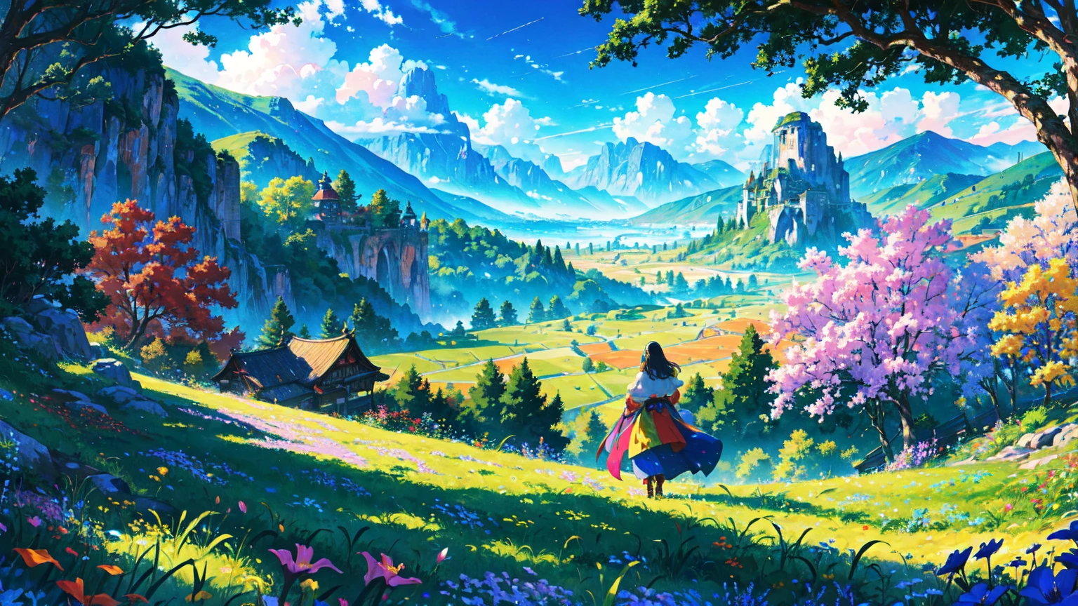 a woman stood from afar on the grass, woman from a distance, landscape, clear blue sky and underneath a large valley mountain with flower colorful color blue red green purple yellow and fantasy world medieval mega-building, rocks, tree branches, fallen leaves, birds, The scene is depicted in a highly saturated and vibrant style, intense and rich colors vivid, rendered with strong exaggerated colors, The sky above is clear blue sky, The atmosphere is full of magical color films, High Detail.