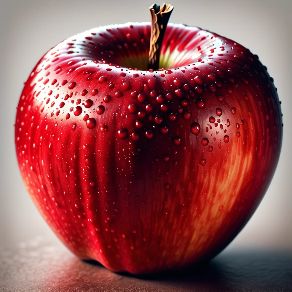 A highly realistic, detailed image of a fresh red apple. The apple should have a glossy surface, with tiny speckles and natural imperfections to make it look lifelike. The background should be simple and neutral, ensuring the apple is the focal point.