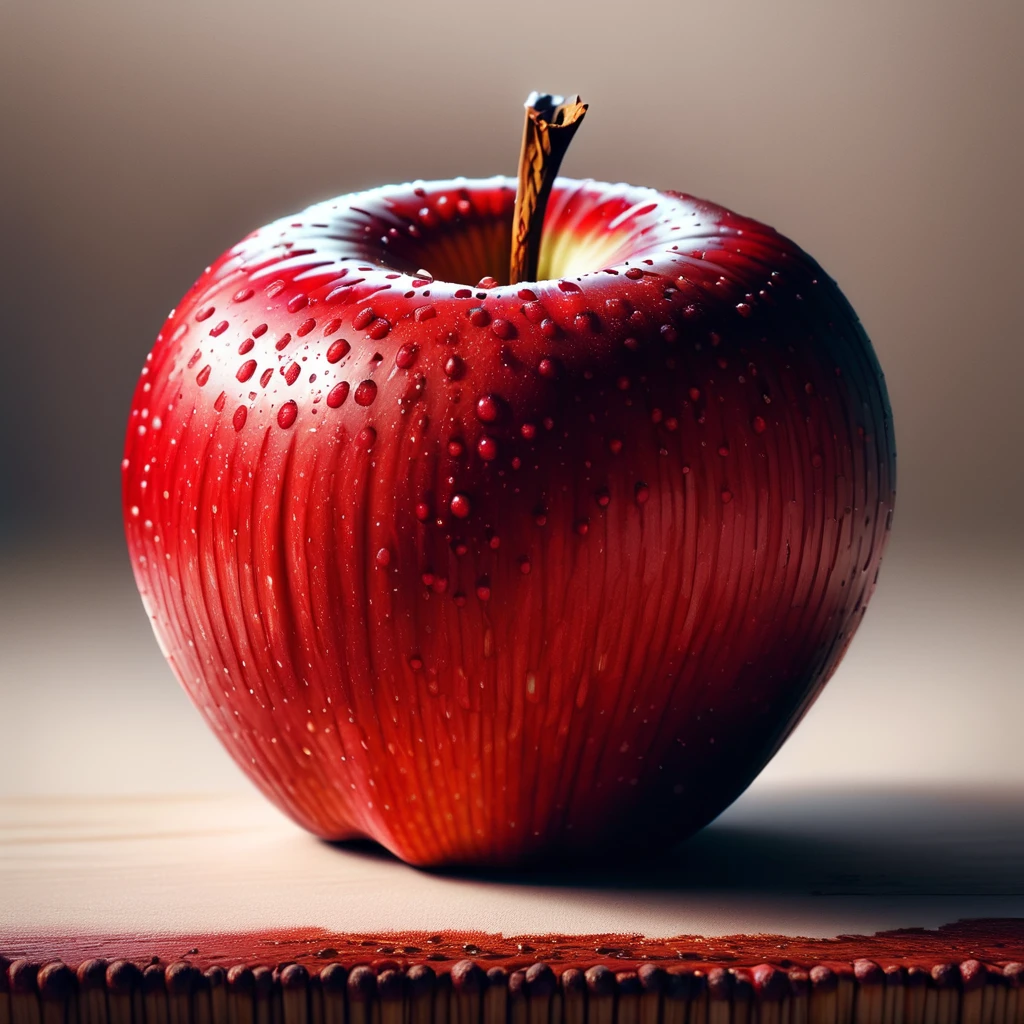 A highly realistic, detailed image of a fresh red apple. The apple should have a glossy surface, with tiny speckles and natural imperfections to make it look lifelike. The background should be simple and neutral, ensuring the apple is the focal point.