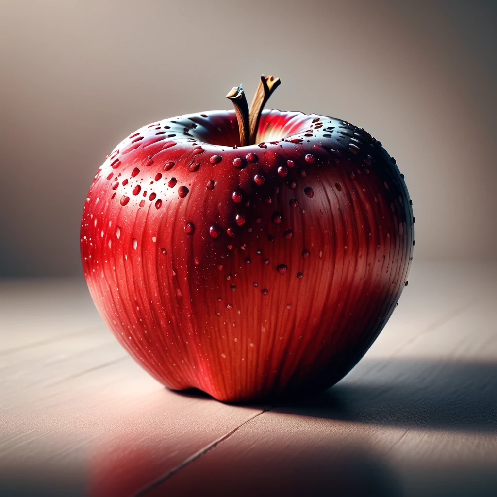 A highly realistic, detailed image of a fresh red apple. The apple should have a glossy surface, with tiny speckles and natural imperfections to make it look lifelike. The background should be simple and neutral, ensuring the apple is the focal point.