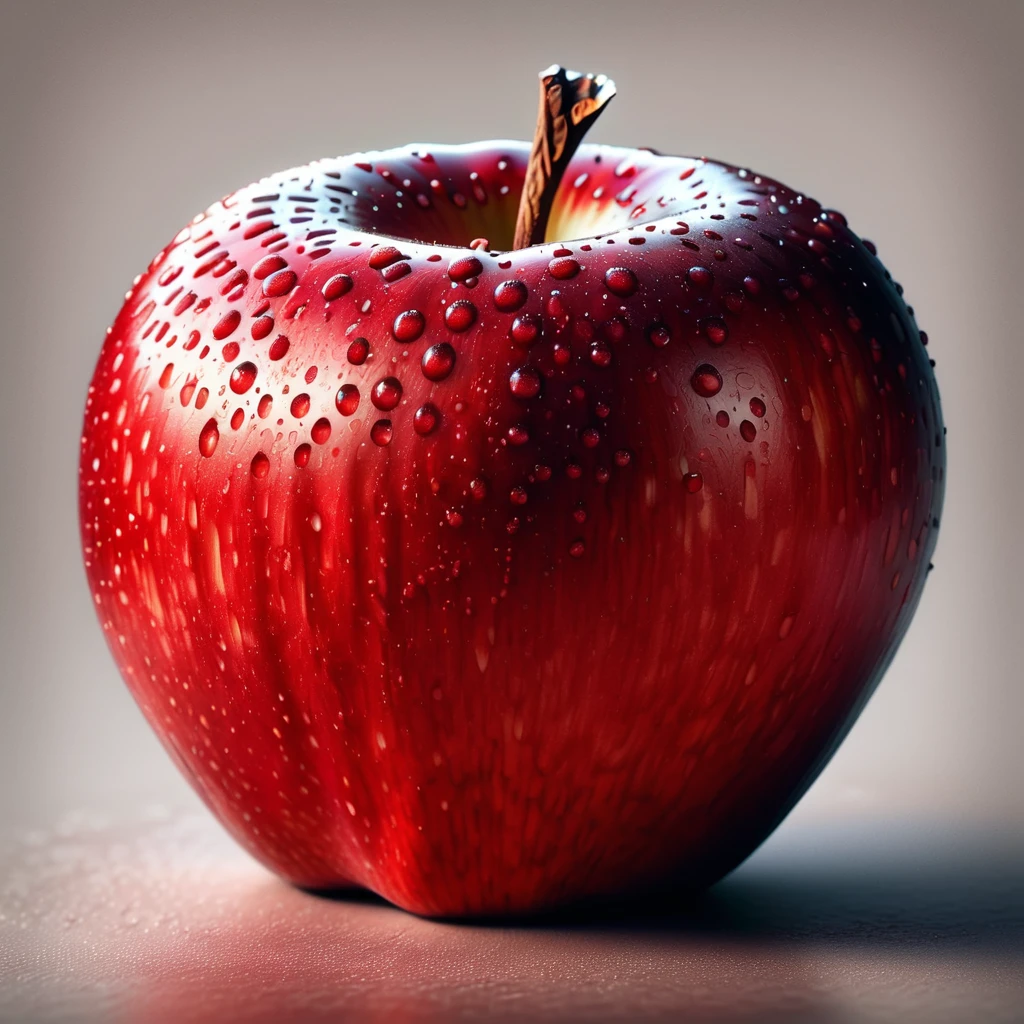 A highly realistic, detailed image of a fresh red apple. The apple should have a glossy surface, with tiny speckles and natural imperfections to make it look lifelike. The background should be simple and neutral, ensuring the apple is the focal point.