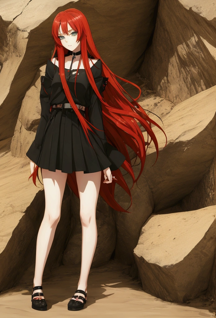 anime 18 year old girl long red hair green eyes in the desert black copped bag black short skirt