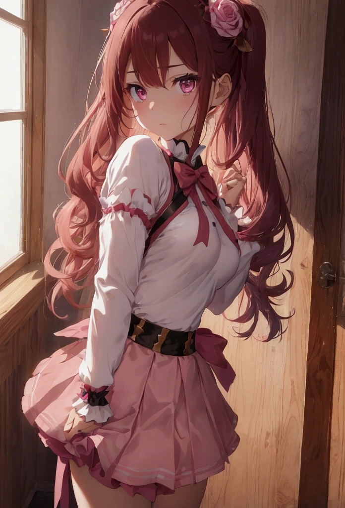 A lone magical girl with fair white skin stands in a high-definition, ultra high-definition bedroom. She possesses a slender frame and small breasts, her wavy, long rose gold hair flowing elegantly. Dressed in a rose gold, pink, and gold color magical girl outfit. she wears detached sleeves, a skirt with a black bow, and magenta eyes that reflect disdain. Adorned with a rose in her hair, she stands with a look of humiliation and defiance, gazing directly at the viewer.
