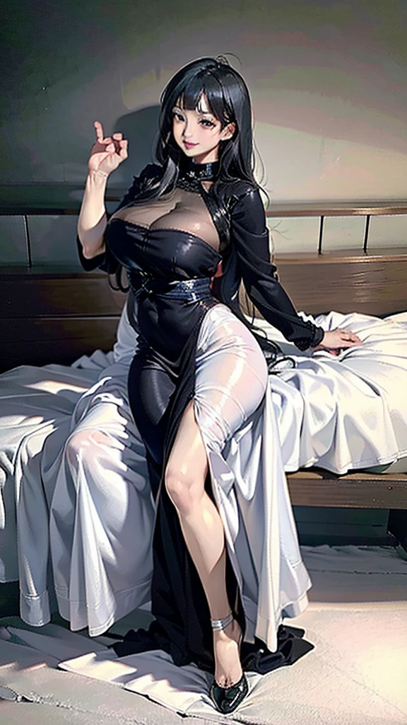 A Korean girl with black hair, chanel style, dressed only in black lingerie, highlighted on your pale skin, her breasts are huge and almost pop out of her lingerie, your thighs are big and soft, and your hips are wide, she has a seductive body and a perverted face, while lying in bed