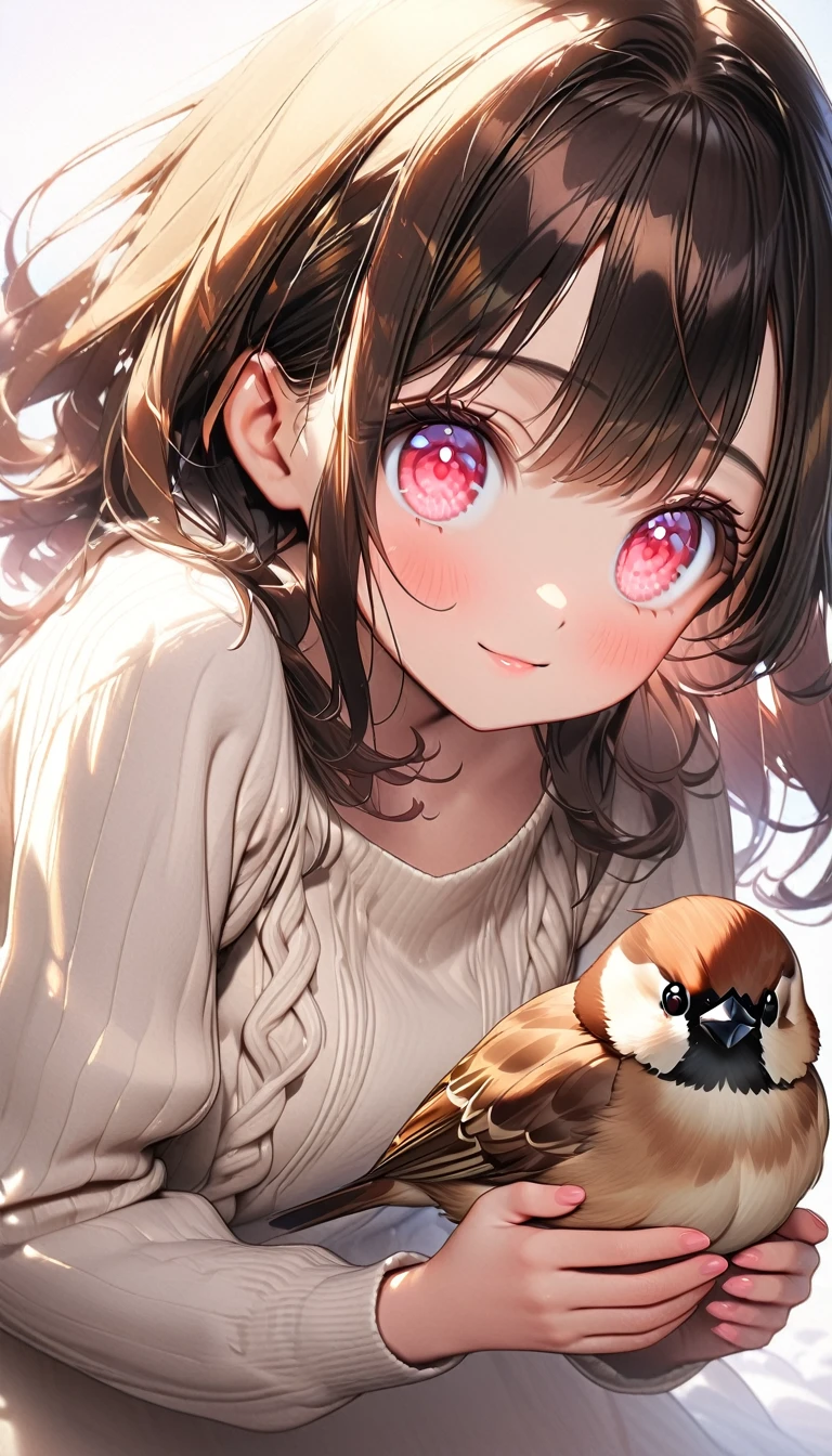 (Highest quality, 8k, 32K, masterpiece, Ultra-high resolution,:1.2),born, One girl,Super cute , Natural light,Clear, shining eyes, 20-year-old ,Fair skin, Sparrow, Brown Haired Girl, Knit dress
