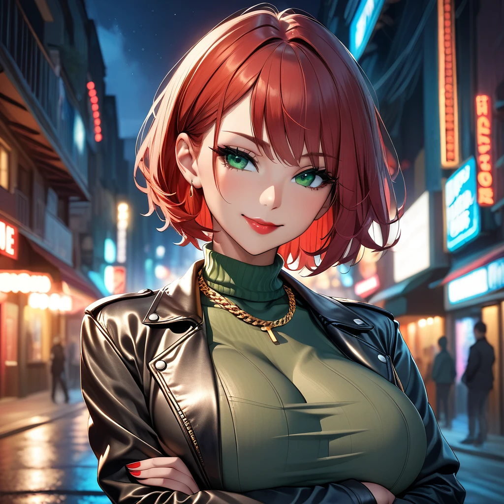 beautiful woman, ((caucasian skin)), red hair, short hair, seductive smile, ((strees at night)), crossed arms below chest, red lipstick, jeans, green turtleneck shirt, leather jacket, green eyes, portrait, slender body, gold neck chain, busty
