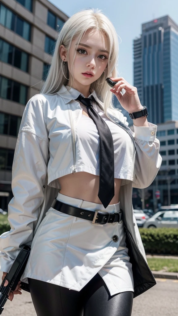 1 girl, Close-up, (White hair, medium hair, breasts big, Eyes red), Perfect Anatomia, citys, cyberpunk style, ((white  shirt, Black jacke, Black Skirt, へそ, waist belt, black gloves, necktie, wristwatch, aretes, see through black leggings)), ((holding gun)), karo, ruined citys, field of battle, wreckage, Boulder, buildings,cigar