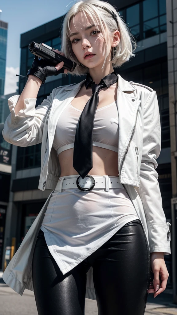 1 girl, Close-up, (White hair, medium hair, breasts big, Eyes red), Perfect Anatomia, citys, cyberpunk style, ((white  shirt, Black jacke, Black Skirt, へそ, waist belt, black gloves, necktie, wristwatch, aretes, see through black leggings)), ((holding gun)), karo, ruined citys, field of battle, wreckage, Boulder, buildings,cigar