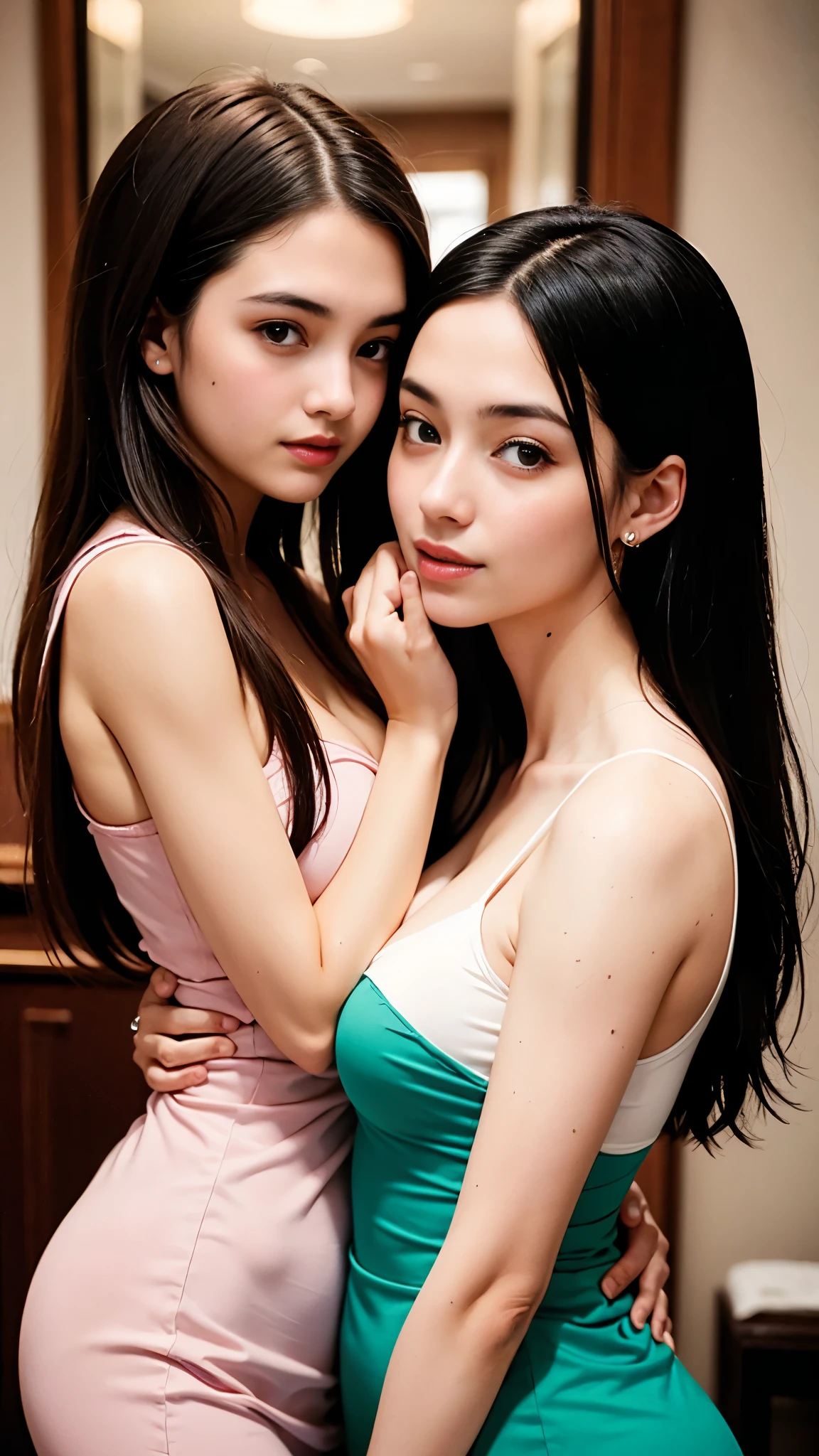 ((Two beautiful girls touching each other's breasts and kissing:1.4)), (8k, RAW Photos, Highest quality, masterpiece:1.2), Looking at the audience, Viewed from the front, Beautiful white skin, knees, Absurd face is small, Part your bangs down the middle, The forehead is visible, Glare, ((Cute and happy face:1.3)), Ultra-high resolution, ((Cute underwear in random colors:1.3)), ((Slender body line)), (Outstanding proportions), high school girl, (Idolフェイス, Baby Face:1.65), Japanese women, Are standing, (Photorealistic:1.37), Photon Mapping, Realistic, Cute and small face, Brown eyes, prospect, Written boundary depth, Blurred Background, (I can see the bangs), Silky smooth hair, (Firm stomach:1.3), (Beautiful and slim thighs:1.4), Small beautiful butt, (Curved waist), thigh, Nogizaka idol, Idol, (Detailed hands:1.4, Accurate hands:1.4, Beautiful little hands of a girl:1.3), (Firm and beautiful breasts:1.3), Super quality, Low people, (Clear white skin, Skin with visible pores:1.2), (Focus on the face), Check and correct the garment construction, (Perfect Anatomy:1.3), (Detailed eyes and face:1.3, Professional photography techniques), (Detailed arms:1.3)