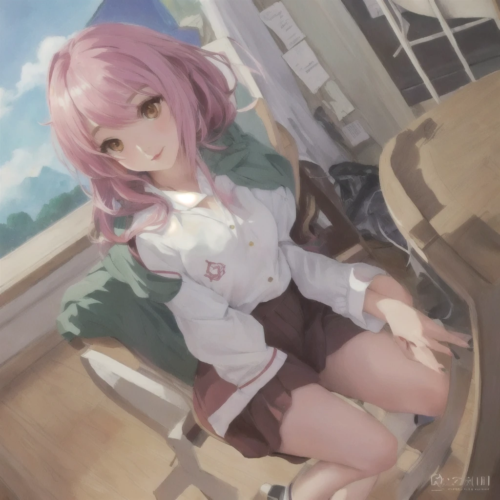 Anime girl sitting on a chair in a room with a table, Gwaiz, artwork in the style of Gwaiz, Created by Anime Painter Studio, Alchemist Girl, Painted in an anime artist's studio, Rorish, Full Color, Full Color, Exciting Literature Club, Gwaiz on pixiv artstation, Smooth anime CG art, アニメ 萌え アートスタイルanime girl in a Messy room with a pink jacket and black skirt, Anime Moe Art Style, Cute girl anime visuals, Messy room, Dirty clothes, Anime Style 4k, Best anime 4k konachan wallpaper, Half Yamada, yandere, destroyed clothes, Torn clothes, Burning, Anime Art Wallpapers 8K, Anime background key visual she is a japanese woman she is . she is very skinny. Her shoulders are very narrow. she is naked. her breasts are small. She is 170 cm tall. She weighs 35kg. She has a transparent pink cunt exposed. She draws the female genitalia clearly.Her outline is thin and she doesn't use black, A sweet look in love. Her cheeks are dyed red. Japanese painting. pale watercolor. Do not draw outlines.The uterus and vagina are visible through the skin. The skin is transparent and the organs are visible.Very thin, small breasts, thin legs Pink straight hair, brown eyes, A short skirt with a checkered pattern, a tie of the same color as the skirt, and a navy blue blazer.Female genitalia exposed. with an anarchic color scheme.A Japanese high school girl is coming home from school and changing her clothes, exposing her skin.She is wearing a navy blazer, a plaid/checkered skirt, black knee-high socks, and has long pink hair, wearing glasses.The genitals are exposed and conspicuous.I'm changing clothes in my room and I'm naked. She doesn't even wear underwear.Do not draw outlines. A pale watercolor painting. Color saturation is low.