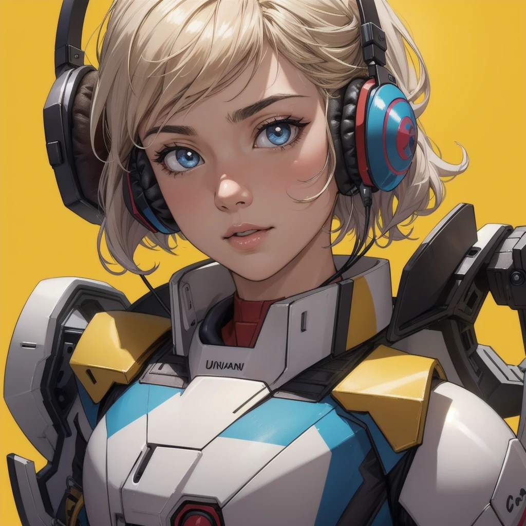 colorfulでダイナミックな背景の前でポーズをとる. Realistic, 8k, masterpiece, RAW Photos, Highest quality, Realistic, 非常に詳細な CG Unity 8k 壁紙, Written boundary depth, Cinematic Light, Lens flare, Ray Tracing, Perfect lighting,short hair, (Delicate skin), (Delicate face), ((Bust Shot))(Pop Background :1.1), Person standing and watching、Comical movement,Gundam,Mecha,(Yellow background),((Headphones))Modern Style,artistic,mobile composition,Unique Pattern,Bold Texture,colorful,Imaginative,Whimsical,Vibrant,like々Shii,Playful,Vibrant,creative,Expressive,stylish,tendency、Twitter icon,