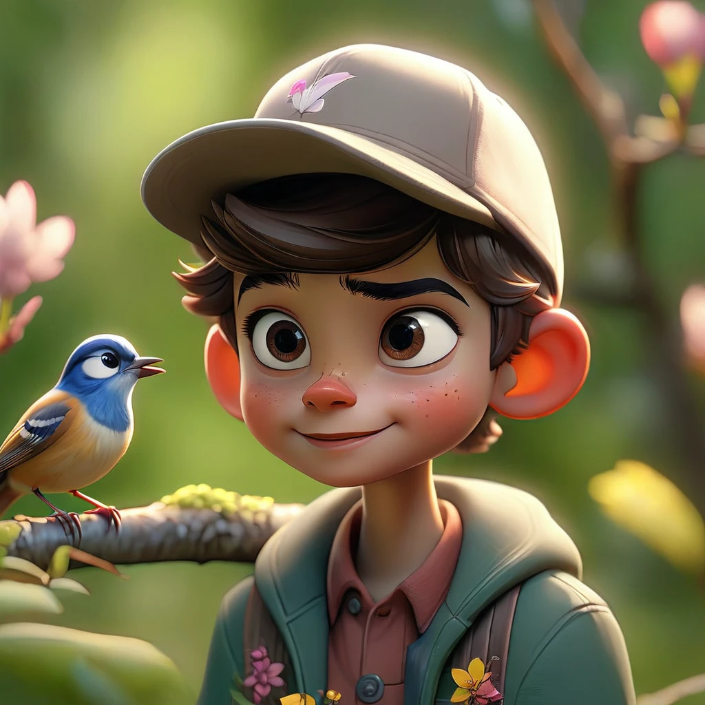 Cheerful boy wearing cap, looking at forest curious and happy, looking at a bird singing on a flowering branch (Masterpiece artwork: 2.1) (realisitic: 1.2) (bokeh) (best qualityer) (skin detailed: 1.3) (details Intricate) (8k) (Detail eyes) (sharp focus) 2.1
