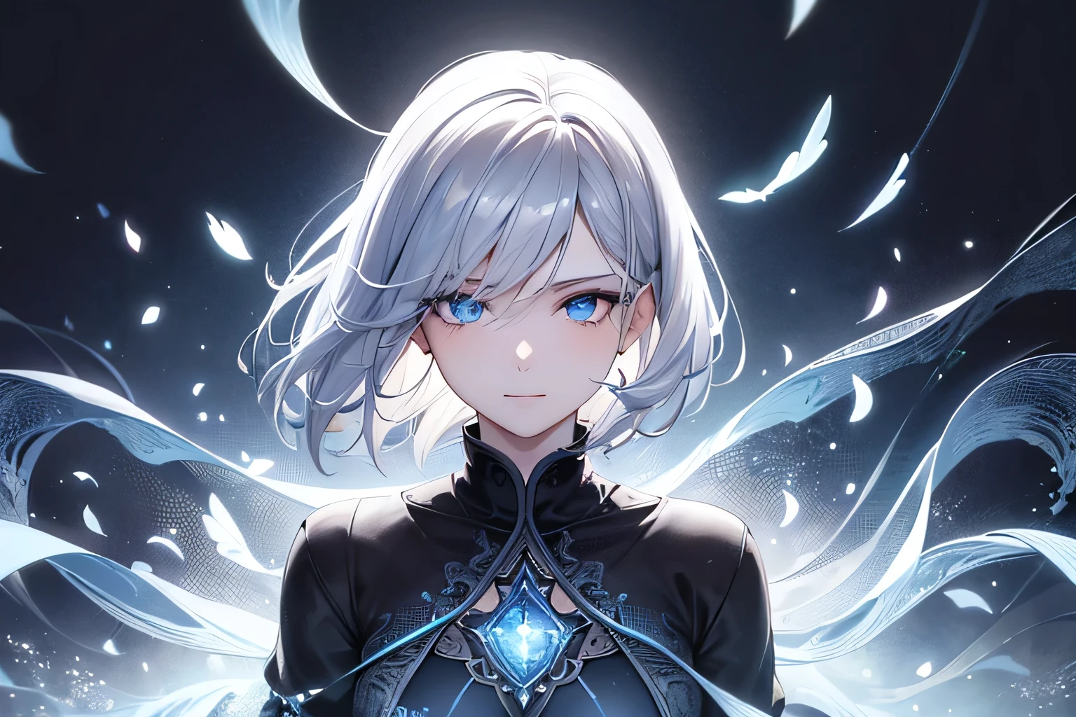 masterpiece, top quality, super detailed, high resolution, (ink painting style), excellent anatomy, beautiful 1 woman, ultra HD, look at the viewers, short hair, long bangs between the eyes, pale blue eyes, gray hair, fantastic, silver hair, fluttering hair, small face, bright smile, (detailed face), professional lighting, wonderful landscape, blue sky, sunlight, looking down from above, portraiture, flower field, her eyes were shining, mysterious and enchanting atmosphere, alone, fantasy, fantasy landscape, hairpin, beautiful eyes, black shirt, white hoodie, ((upper body:1.2)), best light, best shadow, mysterious, perfect face, highly detailed,