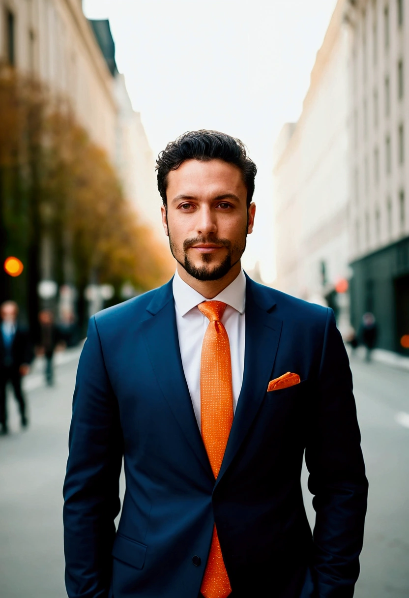 Highest quality、8k.masterpiece、Professional photos、Italian man wearing a suit and orange tie standing on a city street, Outdoor business portrait, Professional Profile Photo, Professional profile photo, wearing a suit and a tie, Wearing a business suit, Nico DeRolls, Chi multiplication, Corporate Wear, wearing a suit and a tie, Corporate Portrait, Raphael Persona, Sascha Schneider, Wear a business suit, Professional photos