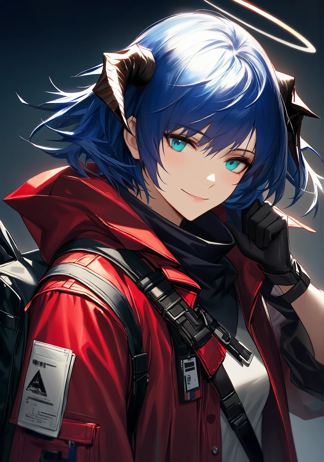 (woman), ((Mostima from arknights)), masterpiece, best quality, blue hair, ((short hair)), horns, plain white shirt, red fullbody coat, red hood, dark blue eyes, realistic anime style, smiling, ((portrait)), black gloves, carring a bag, halo.