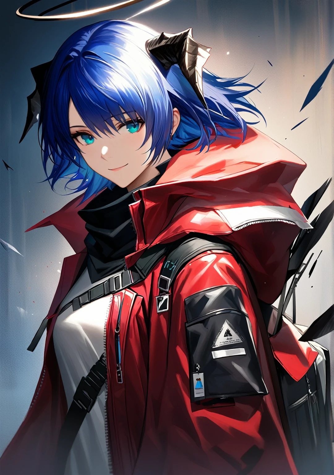 (woman), ((Mostima from arknights)), masterpiece, best quality, blue hair, ((short hair)), horns, plain white shirt, red fullbody coat, red hood, dark blue eyes, realistic anime style, smiling, ((portrait)), black gloves, carring a bag, halo.
