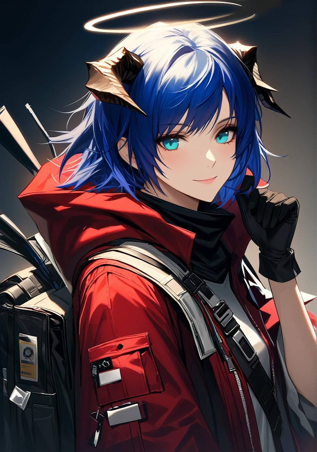 (woman), ((Mostima from arknights)), masterpiece, best quality, blue hair, ((short hair)), horns, plain white shirt, red fullbody coat, red hood, dark blue eyes, realistic anime style, smiling, ((portrait)), black gloves, carring a bag, halo.