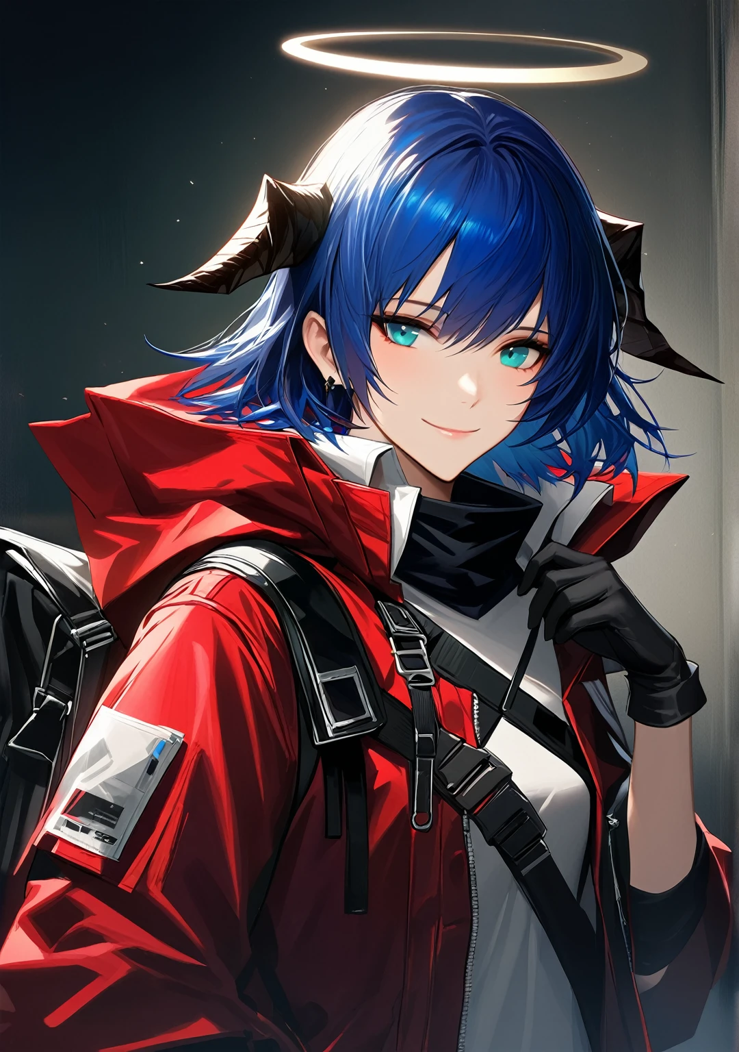 (woman), ((Mostima from arknights)), masterpiece, best quality, blue hair, ((short hair)), horns, plain white shirt, red fullbody coat, red hood, dark blue eyes, realistic anime style, smiling, ((portrait)), black gloves, carring a bag, halo.