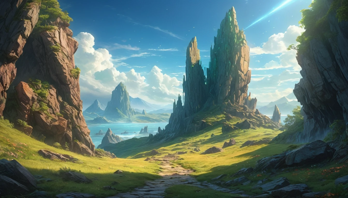 (anime, fantasy, stone beacon),(best quality, highres, HDR:1.2), vibrant colors, mysterious atmosphere, big stone beacon on the horizon, elven encryption, weathered, crumbling down, debris, general shot, ethereal light, fantastical landscapes