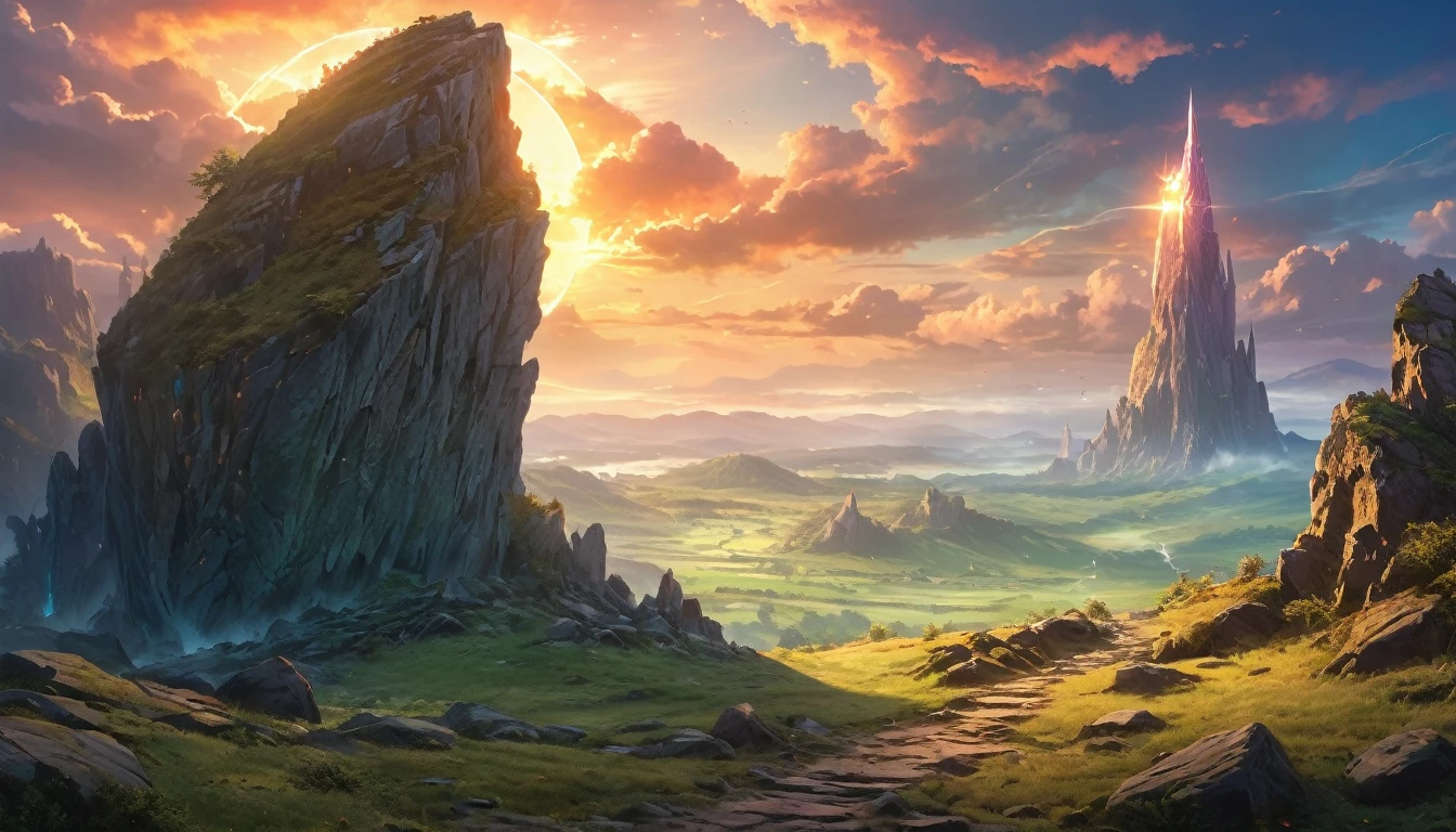 (anime, fantasy, stone beacon),(best quality, highres, HDR:1.2), vibrant colors, mysterious atmosphere, big stone beacon on the horizon, elven encryption, weathered, crumbling down, debris, general shot, ethereal light, fantastical landscapes