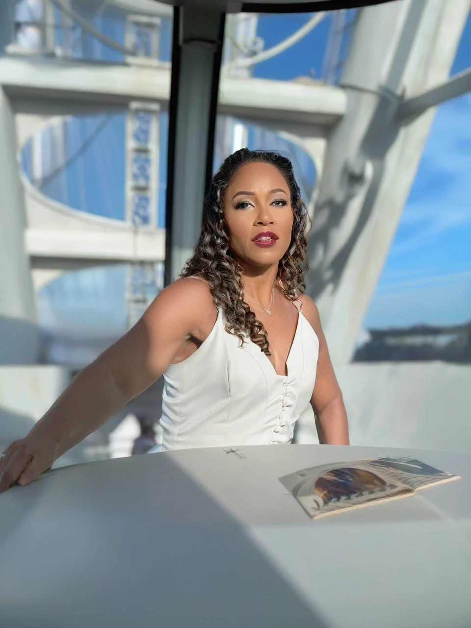 ((woman)), (30 year old), (long hair), (wearing reddish suit), (speech at a lectern), (bible on the pulpit), (modern protestant church background), (natural light), (photo realism), (hyper detailed), diffuse lighting, (((front view))), (Nikon D850 DSLR), ((long shot at 200mm f/1. 8 lens)), (Slightly blurred background with bokeh effect)