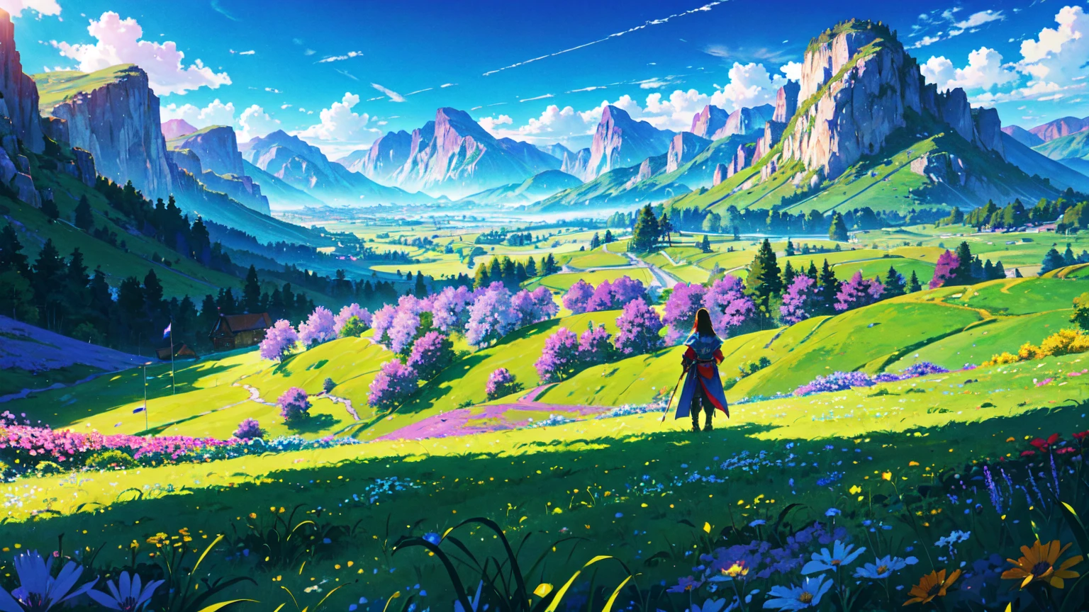 a woman stood from afar on the grass, woman from a distance, landscape, clear blue sky and underneath a large valley mountain with flower colorful color blue red green purple yellow and fantasy world medieval mega