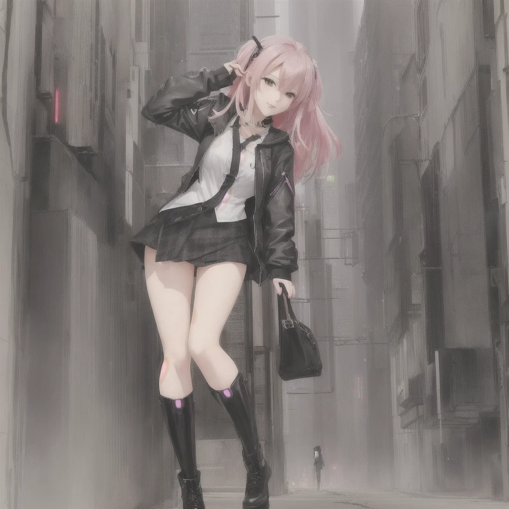 Anime Girls in a and black boots standing in a city, City Girl Fan Art, cyberpunk Anime Girls, Cyber , an Anime Girls, Short full body portrait!, Yandere. expensive, Anime Girls, Anime full body illustration, inspired by Ib Eisner, In anime style, Best anime 4k konachan wallpaper