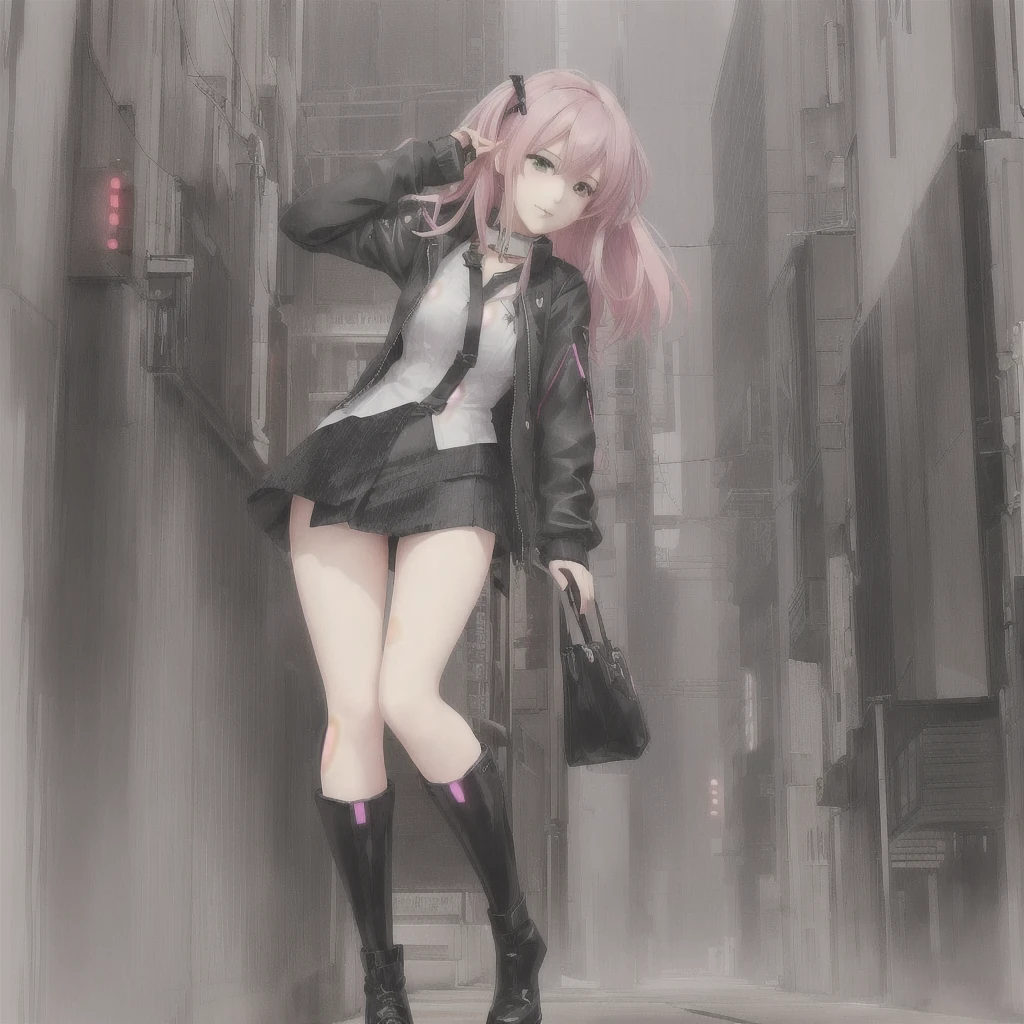 Anime Girls in a and black boots standing in a city, City Girl Fan Art, cyberpunk Anime Girls, Cyber , an Anime Girls, Short full body portrait!, Yandere. expensive, Anime Girls, Anime full body illustration, inspired by Ib Eisner, In anime style, Best anime 4k konachan wallpaper
