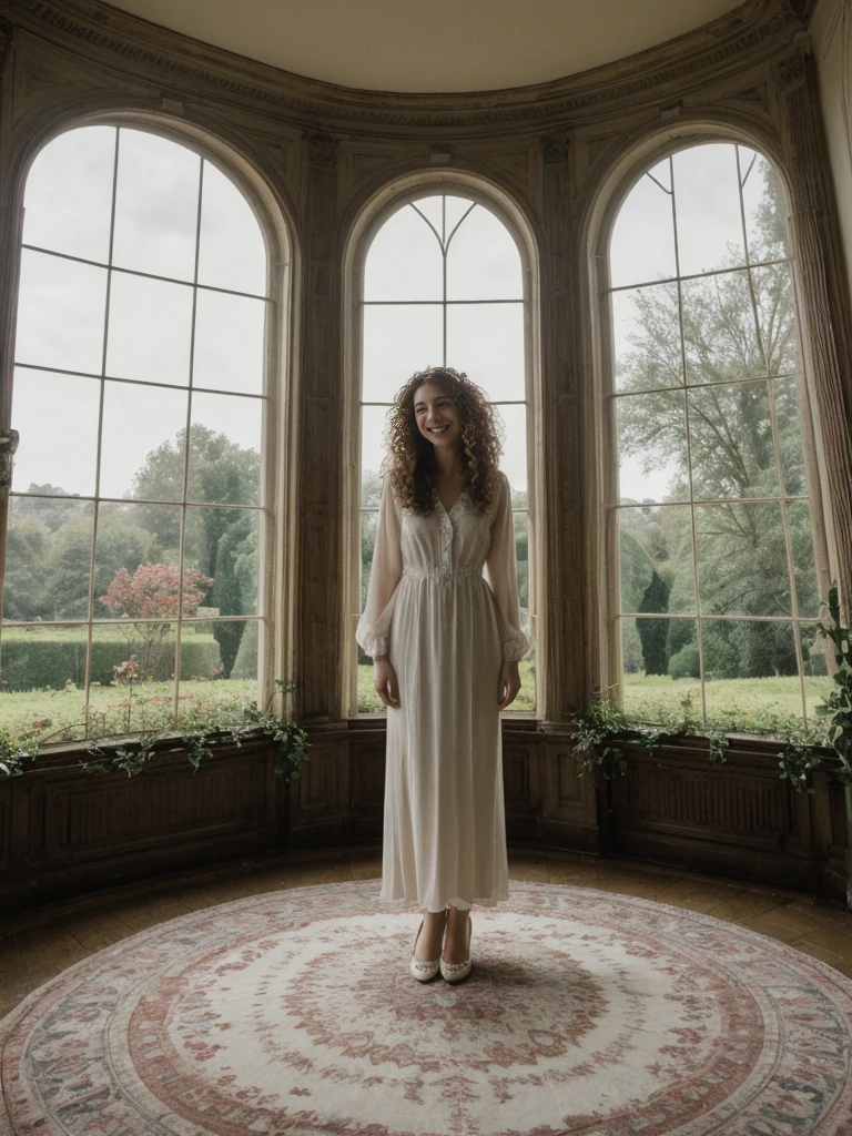 her name is Amelie, high quality, 1girl, ((25-year-old fit Caucasian woman)), ((25 years old)), ((BODY TYPE: HOURGLASS)), ((LONG CURLY HAIR)), SMILING, pose: SEXY POSE, wearing Well-dressed VIOLET LINGERIE VARIETY colored, BACKGROUND: "A grand estate with opulent interiors, antique furniture, and large windows overlooking beautifully manicured gardens."