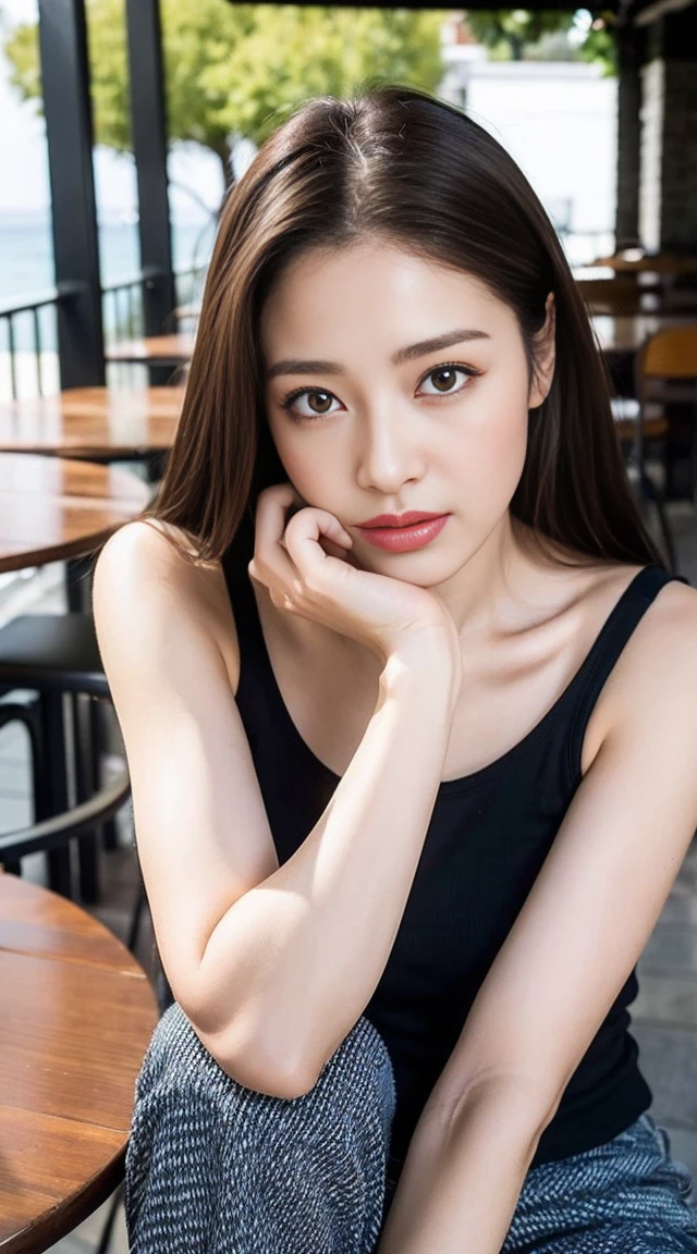 Dark brown hair、Light brown eyes、Japanese actress、 Lady、I am about 40 years old...、(Intricate details:1.2)、(Which is higher???:1.4)、 (Ultra-high resolution:1.2)、Ultra-high resolution、(Fine-tune)、(Detailed facial features)、Hmph、8k resolution、D cup size breasts、Long Hair、1 girl, Deep sorrowの表情, (Very detailedな美しい顔), （Crop top:1.4）、（Sportswear　leggings:1.4）、(Expose your shoulders:1.3), (Highest quality:1.4), (Very detailed)、Beautiful fair skin with transparency,  Sitting、Open your mouth a little、Beautiful legs、Deep sorrow、Pose of Weakness、Obscene pose、Terrace cafe by the sea、Cafe table、カフェの椅子にSitting、The sun shines、Angels、Top View、