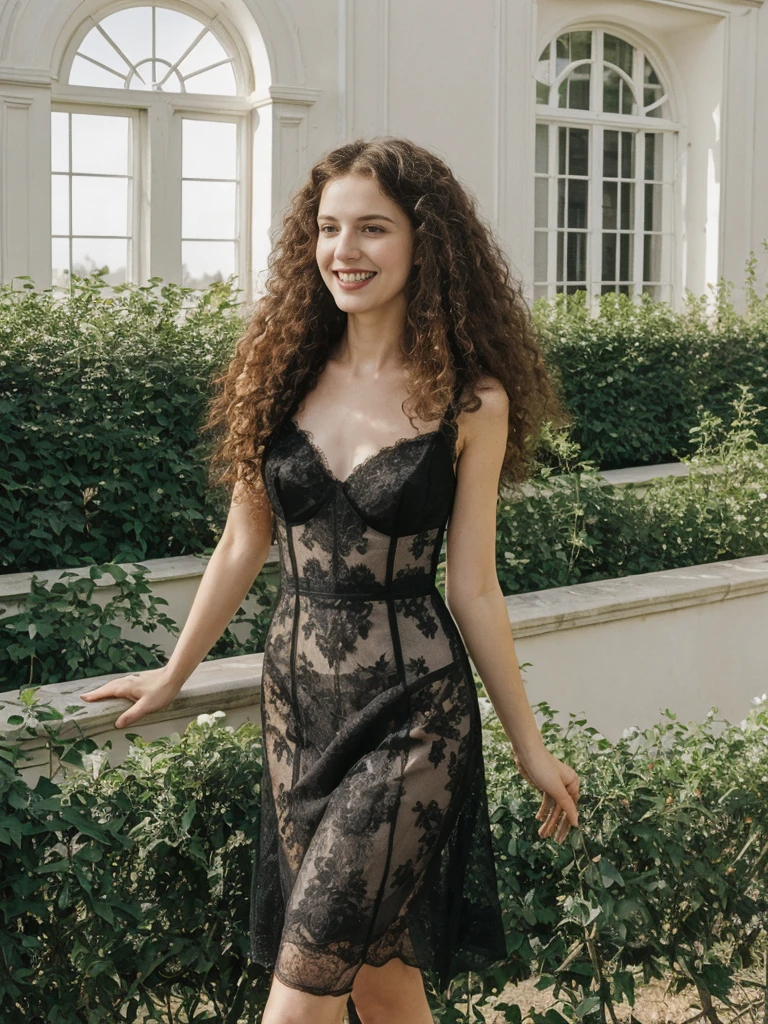 her name is Amelie, high quality, 1girl, ((25-year-old fit Caucasian woman)), ((25 years old)), ((BODY TYPE: HOURGLASS)), ((LONG CURLY HAIR)), SMILING, pose: standing, wearing Well-dressed VIOLET LINGERIE VARIETY colored, BACKGROUND:  "A grand estate with opulent interiors, antique furniture, and large windows overlooking beautifully manicured gardens."