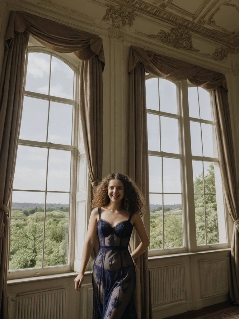 her name is Amelie, high quality, 1girl, ((25-year-old fit Caucasian woman)), ((25 years old)), ((BODY TYPE: HOURGLASS)), ((LONG CURLY HAIR)), SMILING, pose: SEXY POSE, wearing Well-dressed VIOLET LINGERIE VARIETY colored, BACKGROUND: "A grand estate with opulent interiors, antique furniture, and large windows overlooking beautifully manicured gardens."