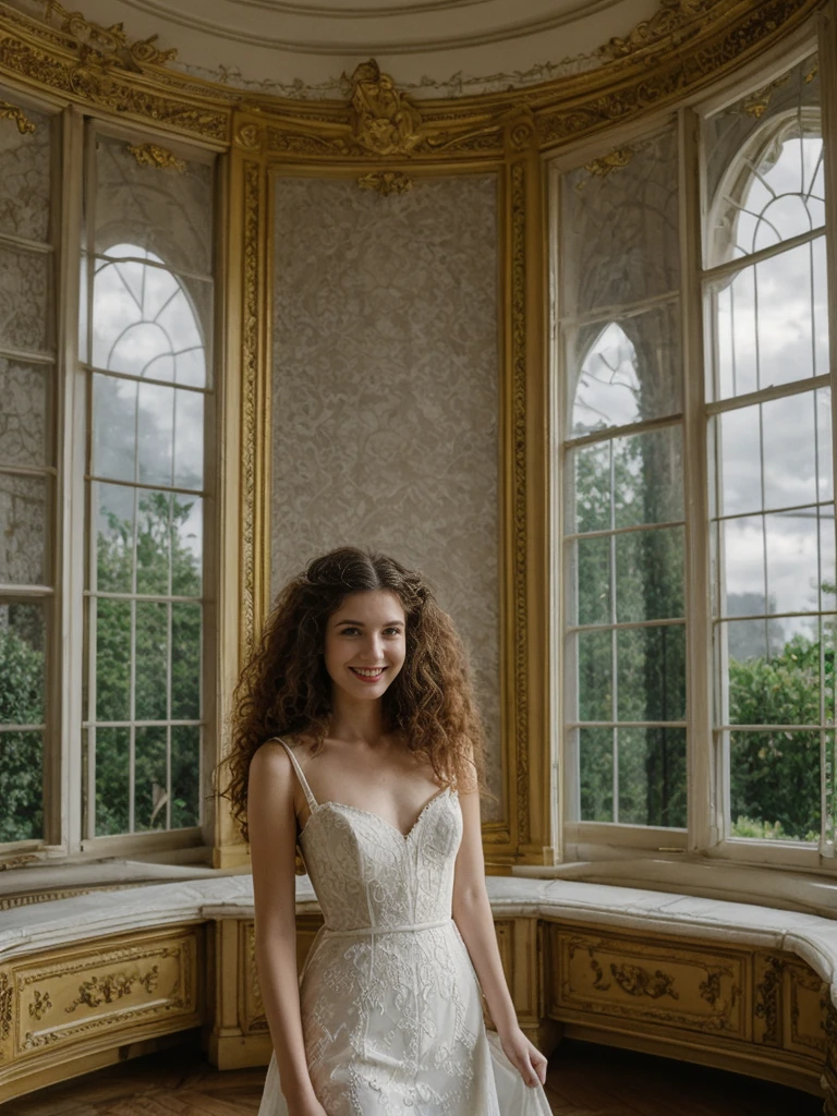 her name is Amelie, high quality, 1girl, ((25-year-old fit Caucasian woman)), ((25 years old)), ((BODY TYPE: HOURGLASS)), ((LONG CURLY HAIR)), SMILING, pose: standing, wearing Well-dressed VIOLET LINGERIE VARIETY colored, BACKGROUND: "A grand estate with opulent interiors, antique furniture, and large windows overlooking beautifully manicured gardens."
