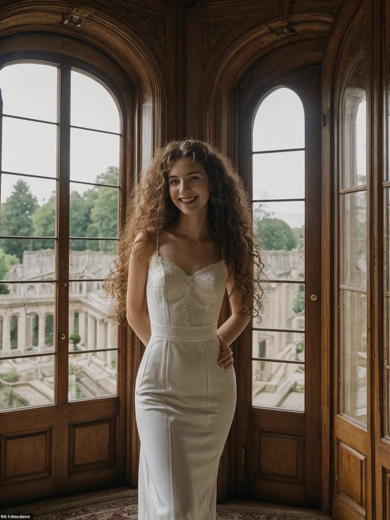her name is Amelie, high quality, 1girl, ((25-year-old fit Caucasian woman)), ((25 years old)), ((BODY TYPE: HOURGLASS)), ((LONG CURLY HAIR)), SMILING, pose: standing, wearing Well-dressed VIOLET LINGERIE VARIETY colored, BACKGROUND: "A grand estate with opulent interiors, antique furniture, and large windows overlooking beautifully manicured gardens."