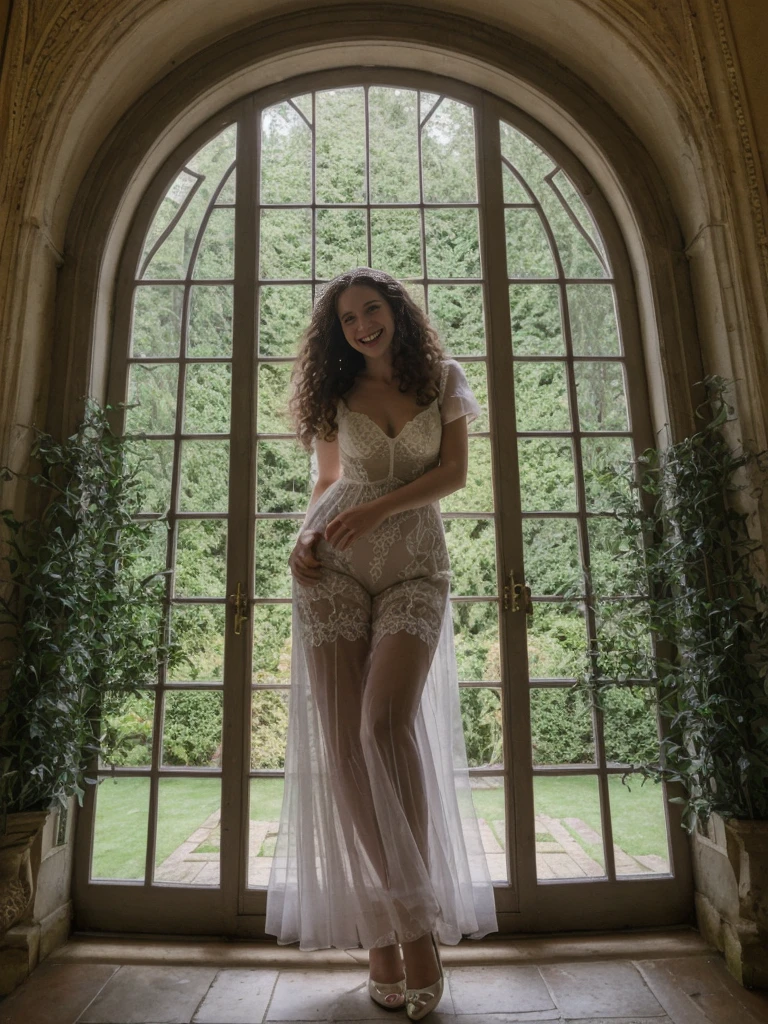 her name is Amelie, high quality, 1girl, ((25-year-old fit Caucasian woman)), ((25 years old)), ((BODY TYPE: HOURGLASS)), ((LONG CURLY HAIR)), SMILING, pose: SEXY POSE, wearing Well-dressed VIOLET LINGERIE VARIETY colored, BACKGROUND: "A grand estate with opulent interiors, antique furniture, and large windows overlooking beautifully manicured gardens."