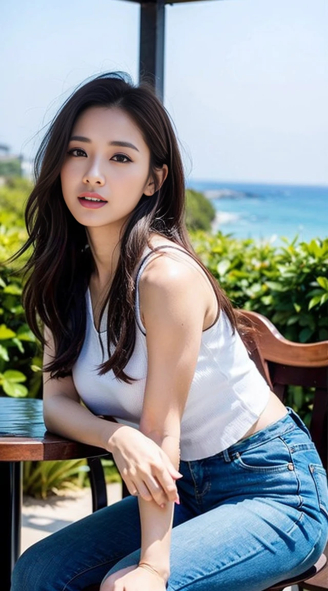 Dark brown hair、Light brown eyes、Japanese actress、 Lady、I40歳くらいです.、(Intricate details:1.2)、(Which is the top???:1.4)、 (Ultra-high resolution:1.2)、Ultra-high resolution、(Finely tuned)、(Detailed facial features)、Hmph、8K resolution、D cup size breasts、Long Hair、Enjoying the sun and shade in Los Angeles、relax、、,Full body photo、Head to toe shot、Beautiful feet、camisole、Denim pants、Blackpink Jenny　I、Take this photo、Beautiful feet、she, Fashion Hub, Attention to detail, Very detailed, Realistic, Hourglass Shaped Body, Obscene pose,Leaning against a wall、Place your head against the wall and lift your chin slightly.........、Poses that make you feel weak、Are crying、Deep sorrow、My eyes and cheeks are wet with tears、Seaside、Palm tree、