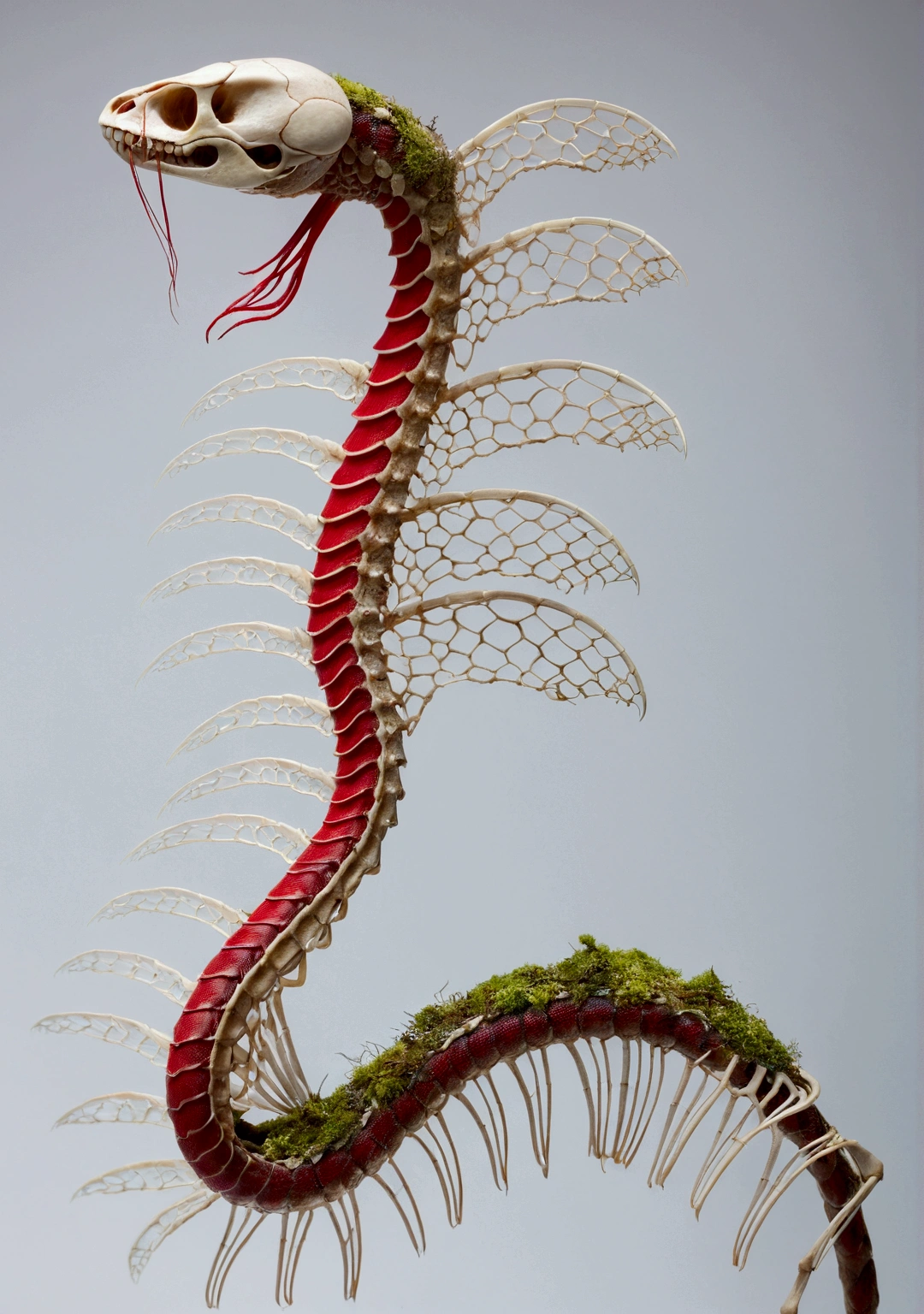 Side profile view: Snake skeleton with ribs, receiving red light on the face, mosses on the back and red beautiful and delicate scale wings. com tons de vermelho, blue and moss on the body, dark red ribs and small dead scales on the body. White background