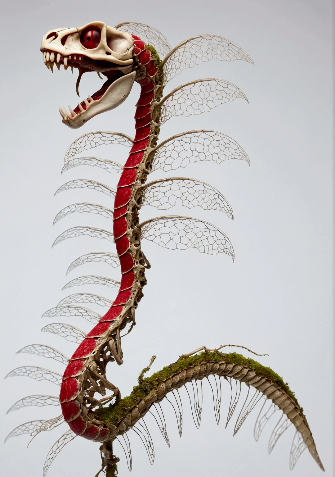 Side profile view: Snake skeleton with ribs, receiving red light on the face, mosses on the back and red beautiful and delicate scale wings. com tons de vermelho, blue and moss on the body, dark red ribs and small dead scales on the body. White background