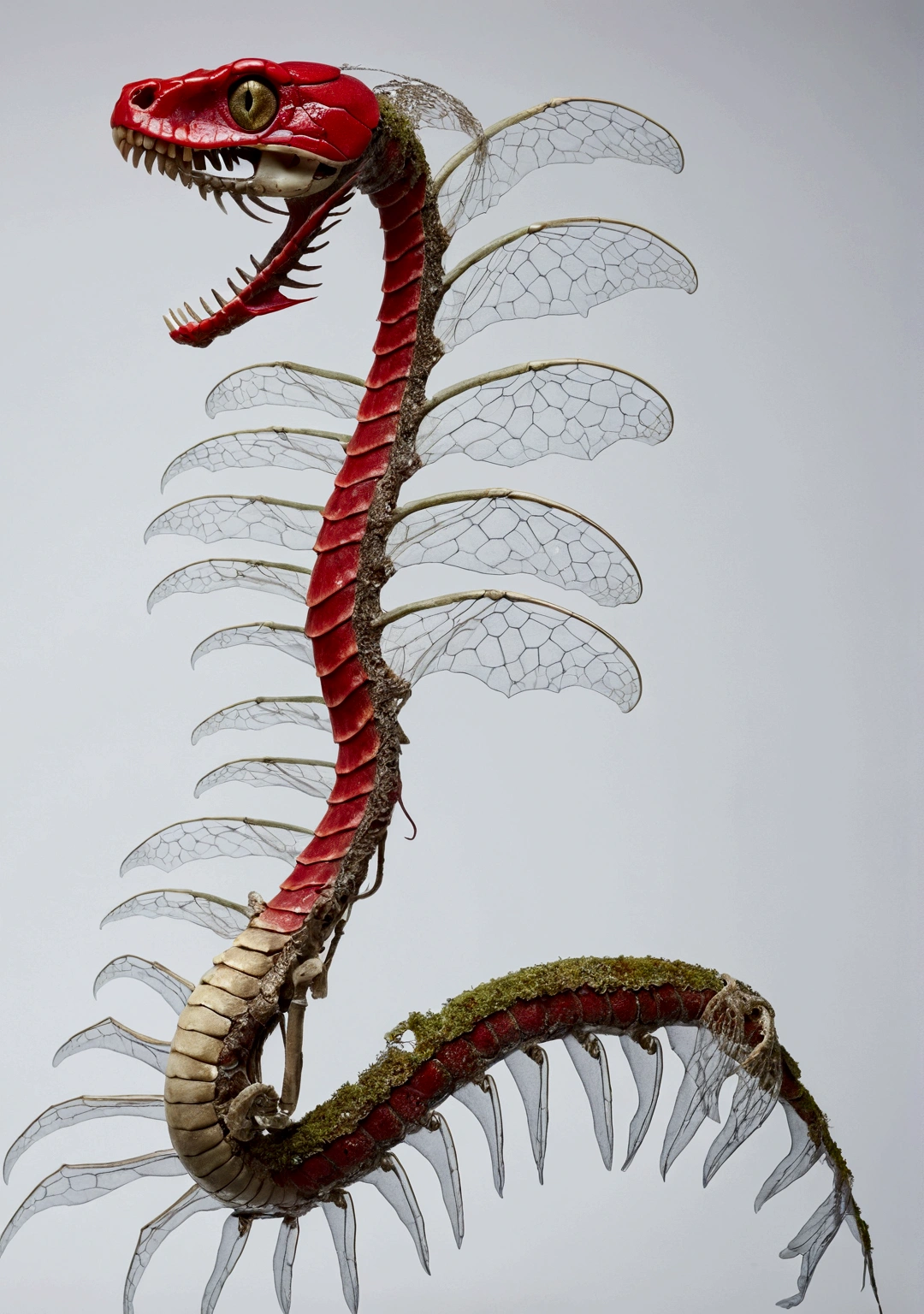 Side profile view: Snake skeleton with ribs, receiving red light on the face, mosses on the back and red beautiful and delicate scale wings. com tons de vermelho, blue and moss on the body, dark red ribs and small dead scales on the body. White background