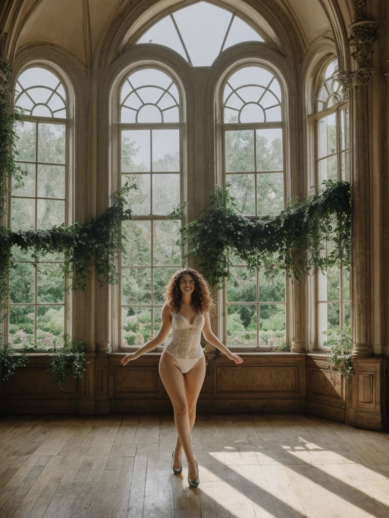 her name is Amelie, high quality, 1girl, ((25-year-old fit Caucasian woman)), ((25 years old)), ((BODY TYPE: HOURGLASS)), ((LONG CURLY HAIR)), SMILING, pose: SEXY POSE, wearing Well-dressed VIOLET LINGERIE VARIETY colored, BACKGROUND:  "A grand estate with opulent interiors, antique furniture, and large windows overlooking beautifully manicured gardens."