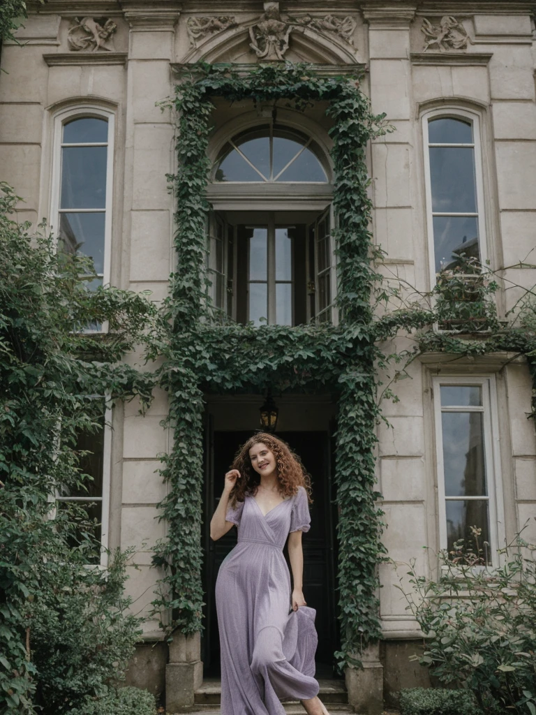 her name is Amelie, high quality, 1girl, ((25-year-old fit Caucasian woman)), ((25 years old)), ((BODY TYPE: HOURGLASS)), ((LONG CURLY HAIR)), SMILING, pose: SEXY POSE, wearing Well-dressed VIOLET LINGERIE VARIETY colored, BACKGROUND: "A grand estate with opulent interiors, antique furniture, and large windows overlooking beautifully manicured gardens."