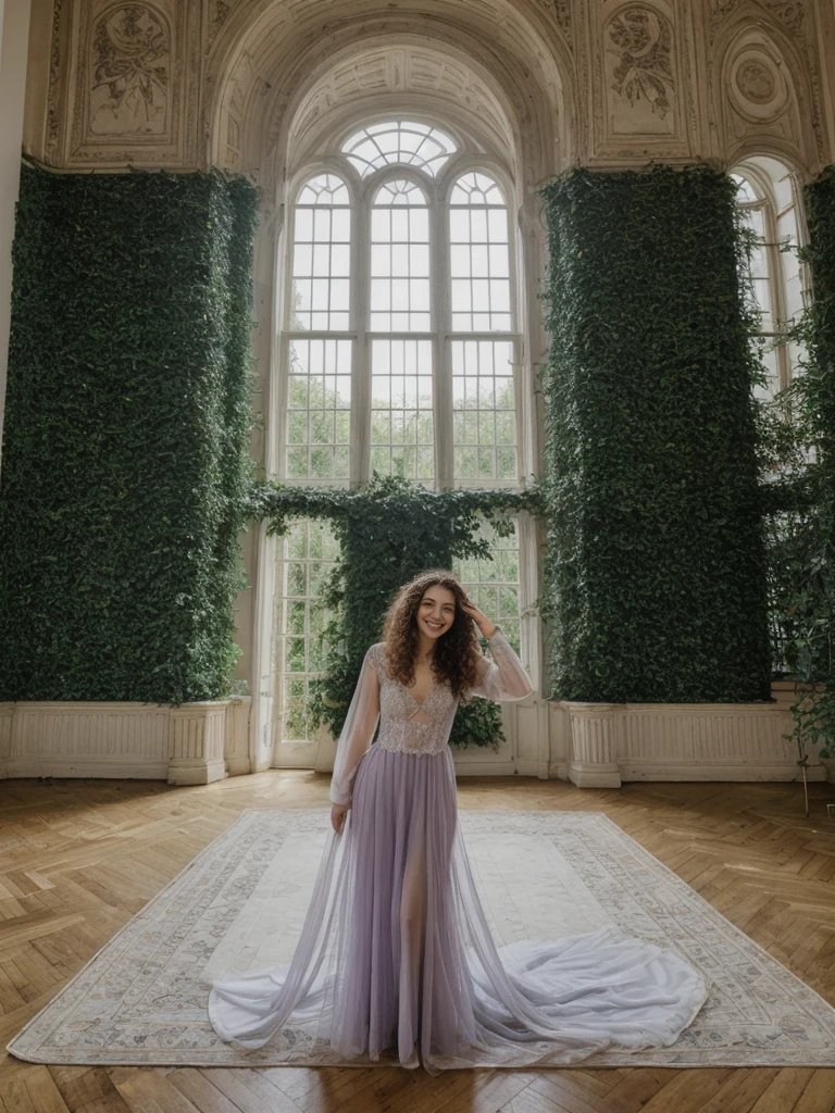 her name is Amelie, high quality, 1girl, ((25-year-old fit Caucasian woman)), ((25 years old)), ((BODY TYPE: HOURGLASS)), ((LONG CURLY HAIR)), SMILING, pose: SEXY POSE, wearing Well-dressed VIOLET LINGERIE VARIETY colored, BACKGROUND: "A grand estate with opulent interiors, antique furniture, and large windows overlooking beautifully manicured gardens."
