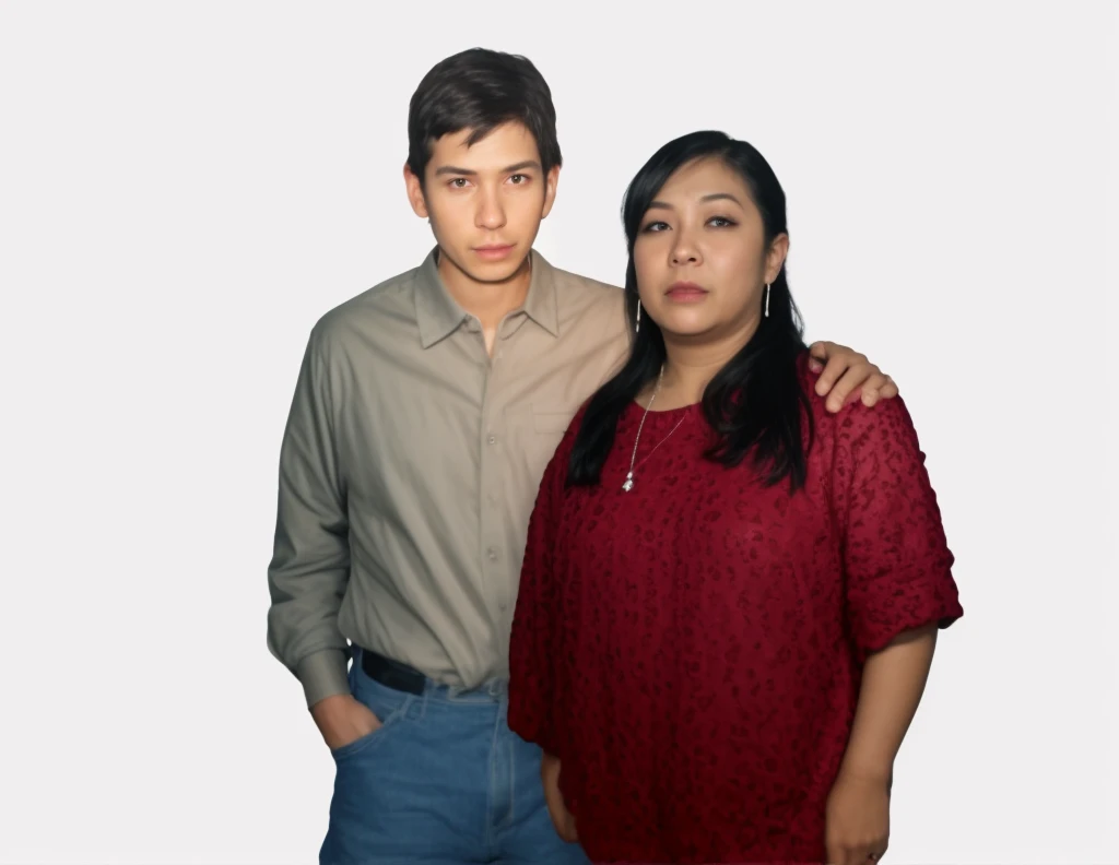 The man's shirt is light-black, his pants are black,his hair is wavy black and he has a watch on his left hand. The woman is wearing a light-purple dress, her hair is black, and she is wearing a watch on her right hand. Both are a couple. The color of the skin is Black. The floor is an old house indian cupple