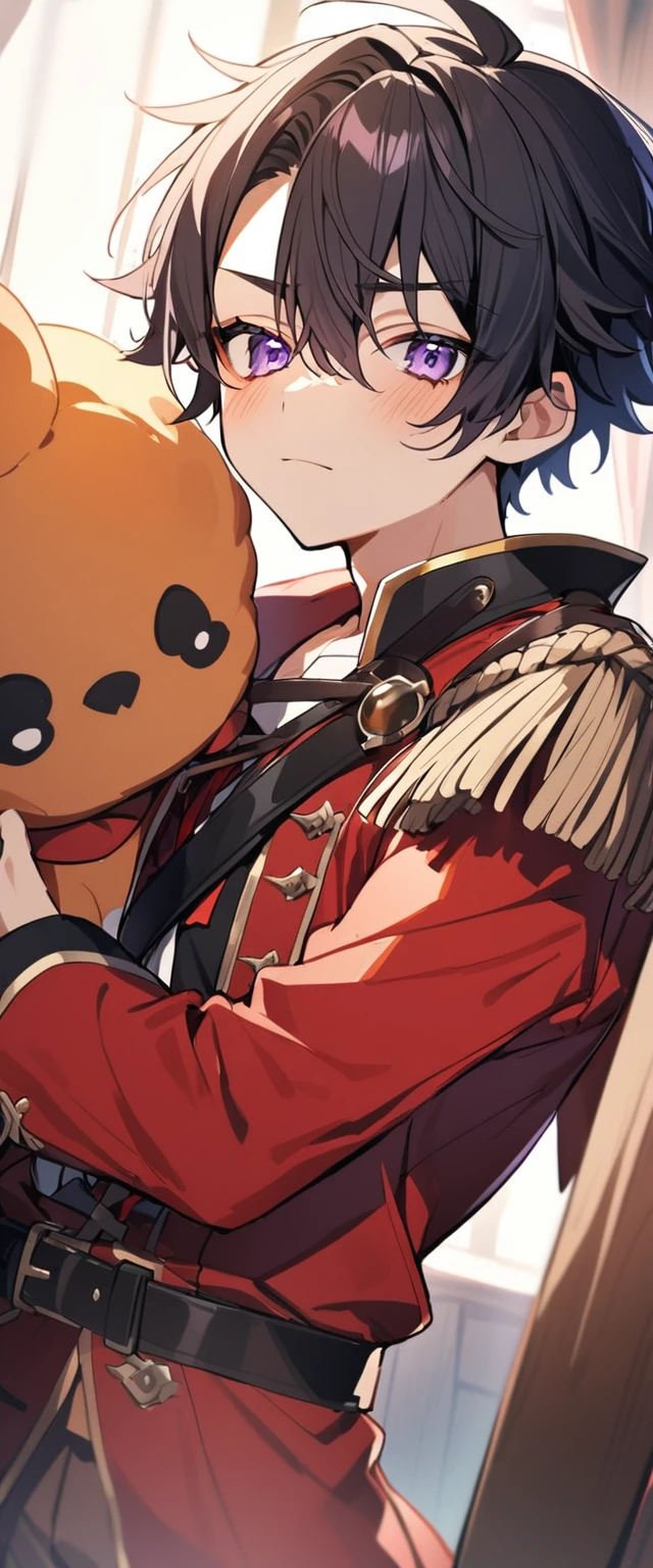 1boy, teenager, cuddle, Pretty Face, black hair, purple eyes, wearing a red pirate uniform, holding a sword.