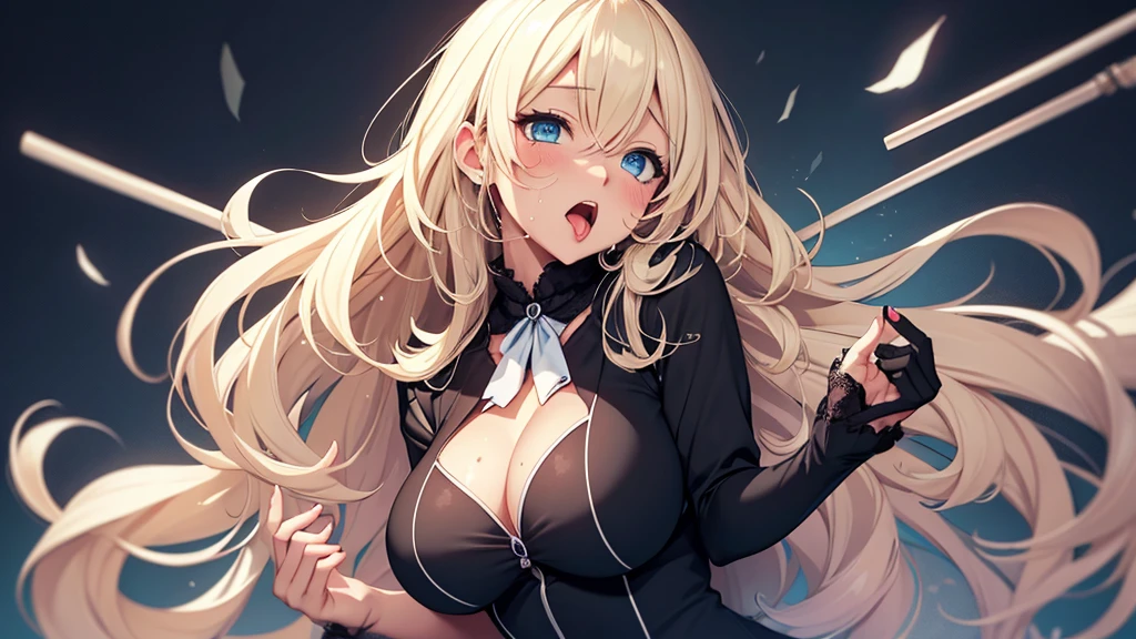 high quality, masterpiece , wallpaper, One beautiful girl, Highly detailed eyes and face, Beautiful attention to detail, Blue Eyes , Beautiful blonde hair , deep night, Age 25 , Large Breasts、Nipples , Hairstyle: wavy hair , Ahegao , Ecstasy face , Masturbation, Climax , Sticking out tongue , Drooling from the mouth , Kantai Collection Atago , sweating , Costume Black Office Lady , show off my crack , no underwear , Expression of sigh , lick , face dripping , right hand between legs , full body , open legs ,make love , grab wet , heart-shaped pupils , oil skin, tears , not hair accessories , Esthetic Room , black , lotion , stick out one's crotch